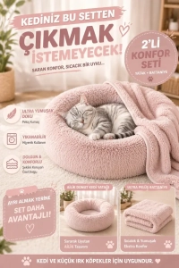 Donut Kedi Yatağı 2’li Set Battaniyeli Peluş Kedi Köpek Yatağı 50 60 70 cm